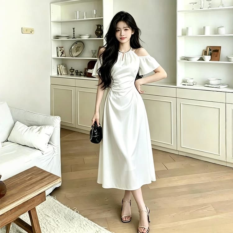 빅 사이즈 여성 의류 프랑스식 새틴 허리 수축 행침 목 드레스 품격 플래시 훈련 예복 길다 치마 상세 이미지 2