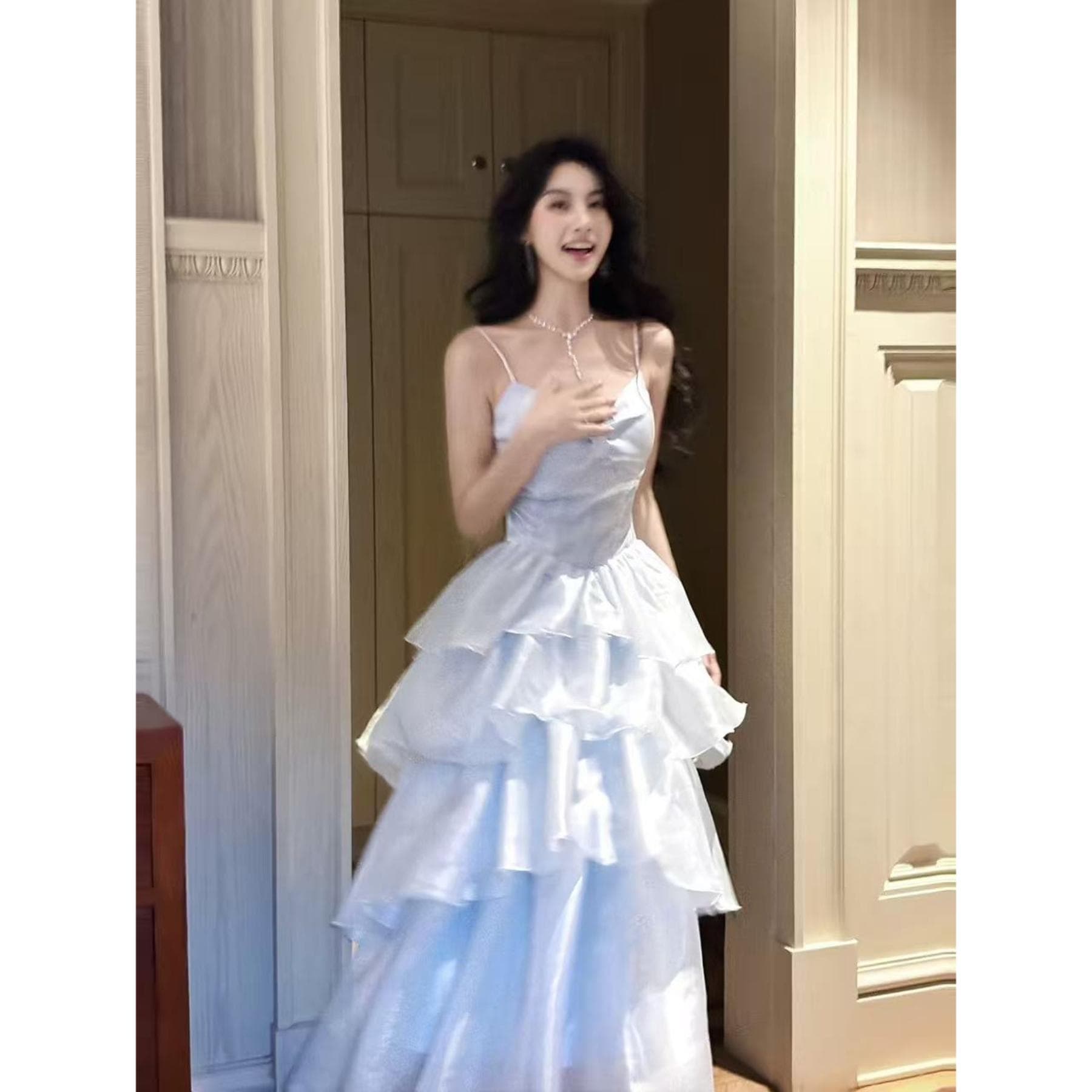 빅 사이즈 여성 의류 프랑스식 사소한 파란색 슬립 몸매 가꾸기 드레스 생일 예복 휴가 치마