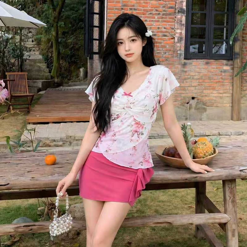 빅 사이즈 여성 의류 달콤한 매운맛 섹시함 꽃무늬 레이스 V넥 달콤함 순수한 욕망 반팔 맨위 미니 스커트 상세 이미지 3