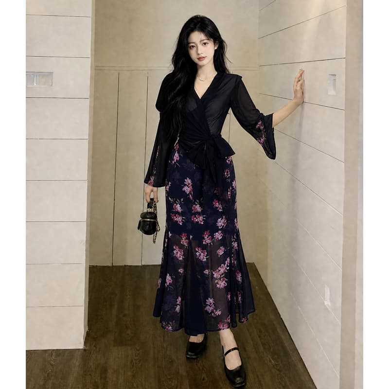 빅 사이즈 여성 의류 여름 패션 여성 검정색 맨위 검정색 꽃무늬 반신 스커트 예복