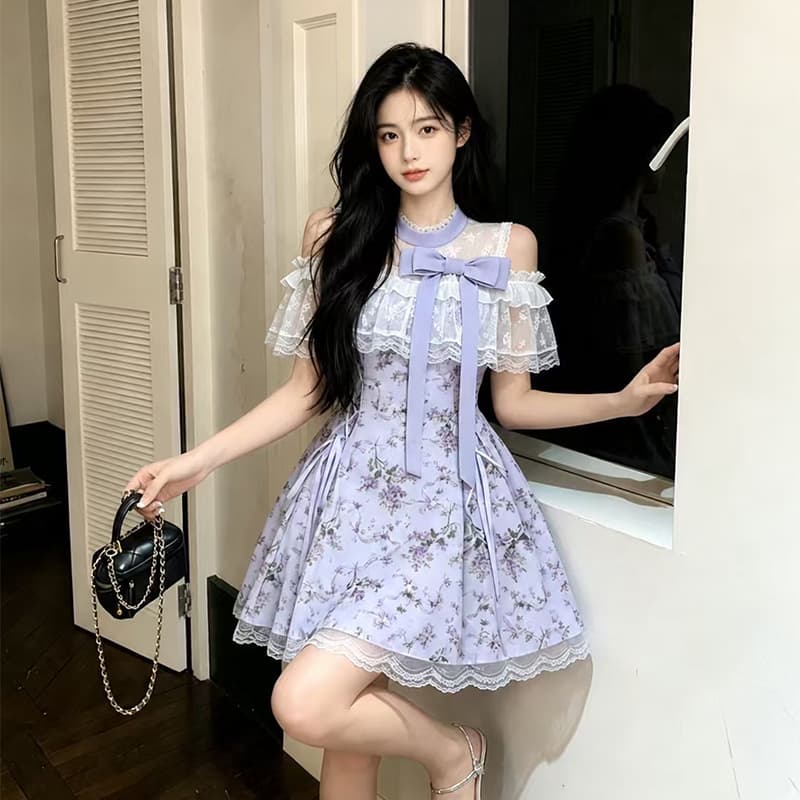 빅 사이즈 여성 의류 보라색 꽃무늬 클리어 부서 레이스 행침 목 오프숄더 점프 슈트 치마 상세 이미지 1