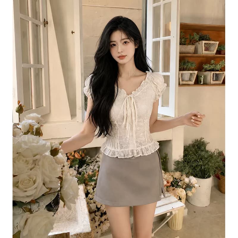 빅 사이즈 여성 의류 핫걸 순수한 욕망 바람 오프숄더 오프숄더 레이스 셔츠 맨위 미니 스커트 상세 이미지 2