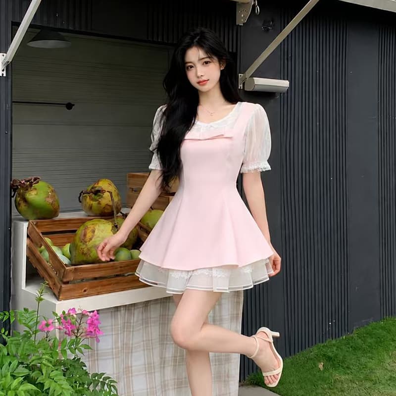 빅 사이즈 여성 의류 여름 베이비 칼라 패치워크 레이스 나비 매듭 점프 슈트 치마 상세 이미지 3