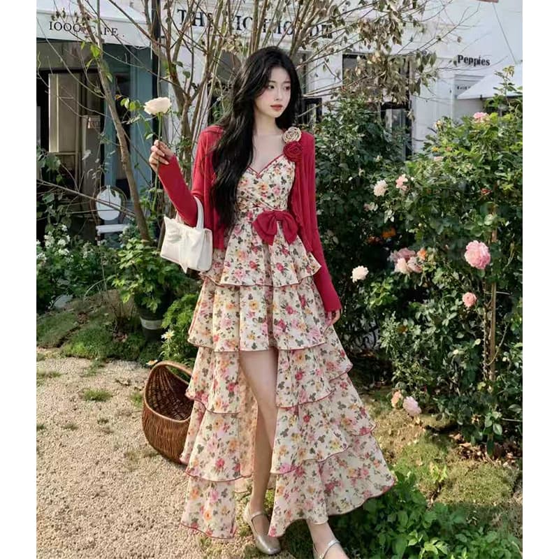 빅 사이즈 여성 의류 작은 대중 품격 20 꽃 벽 꽃잎 치마 층 스택 롱 스커트 오픈 가디건 상세 이미지 2