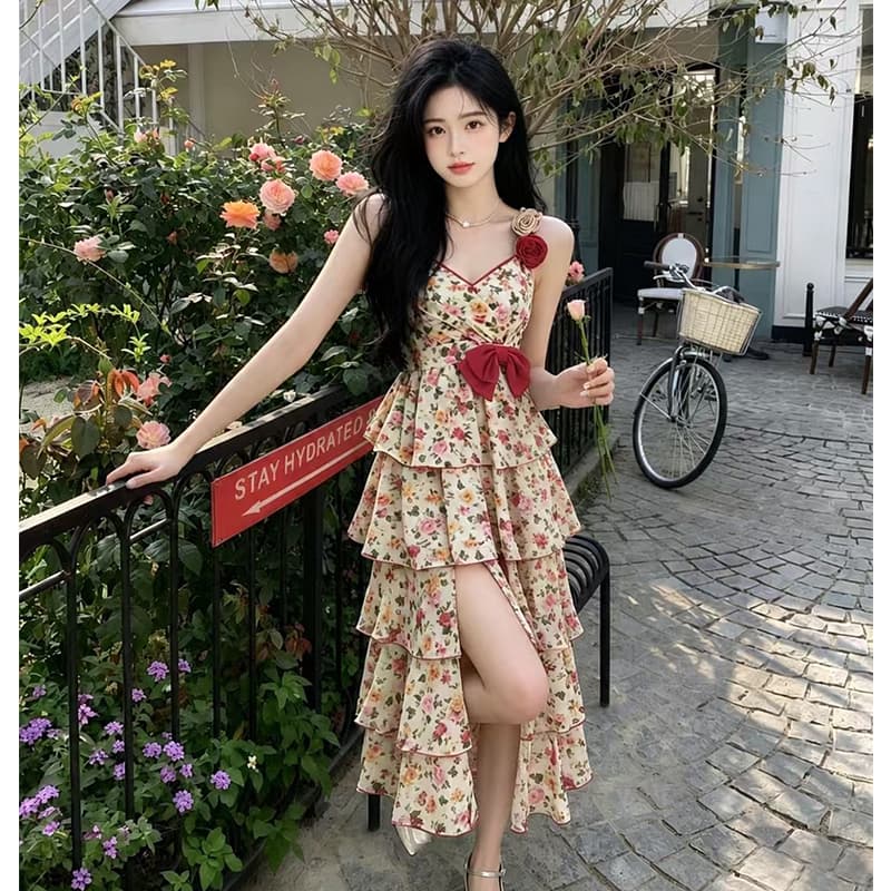 빅 사이즈 여성 의류 작은 대중 품격 20 꽃 벽 꽃잎 치마 층 스택 롱 스커트 오픈 가디건 상세 이미지 3