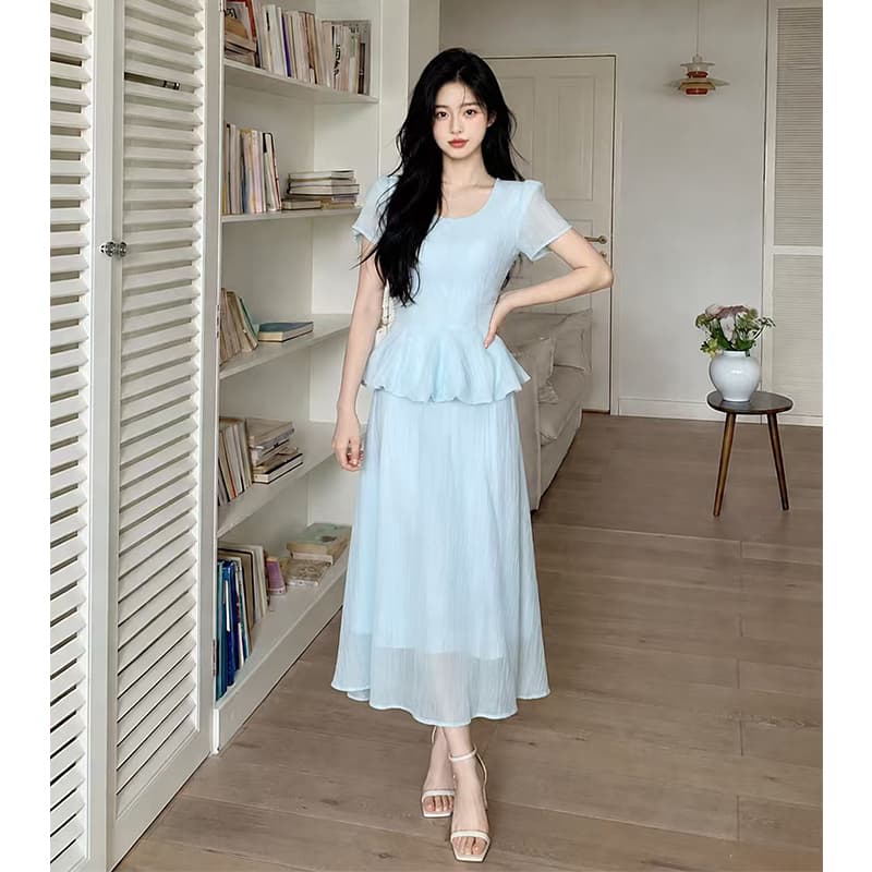 빅 사이즈 여성 의류 페이크 레이어드 반팔 드레스 여름 품격 슬림해 보이는 고급 센스 롱 스커트 상세 이미지 2