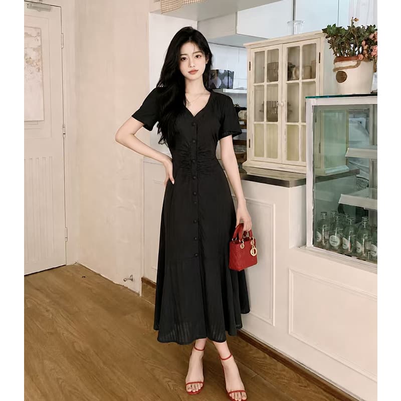 빅 사이즈 여성 의류 여름 프랑스식 낭만주의 바람 V넥 허리 수축 슬림해 보이는 품격 프릴 드레스 상세 이미지 2