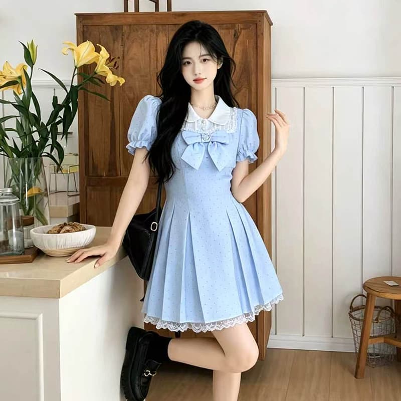 빅 사이즈 여성 의류 귀여운 건조한 금빛 바람 패치워크 페이크 레이어드 드레스 여름 나비 매듭 치마