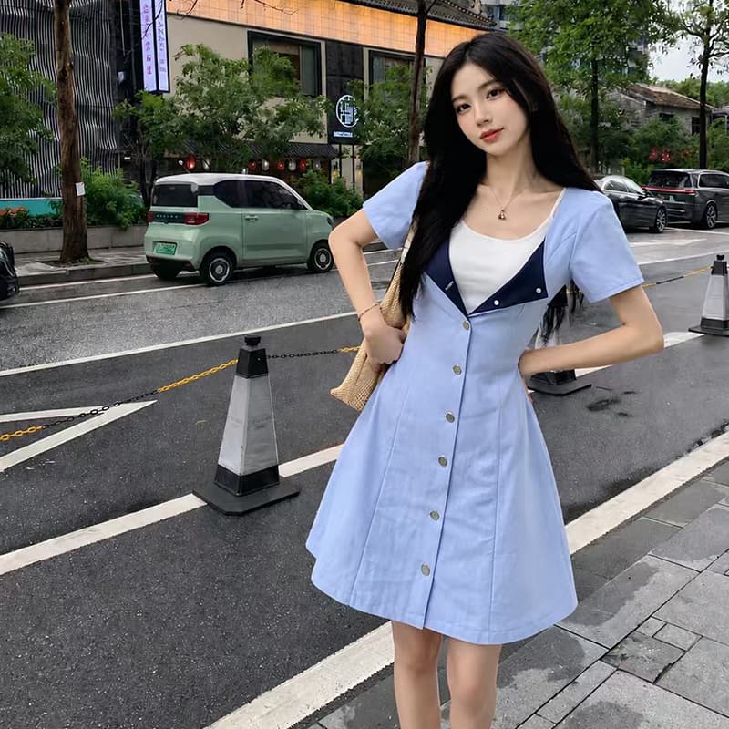 키 큰 남자 빅 사이즈 여성 의류 한 부서 순수한 욕망 허리 수축 반팔 점프 슈트 치마 상세 이미지 2