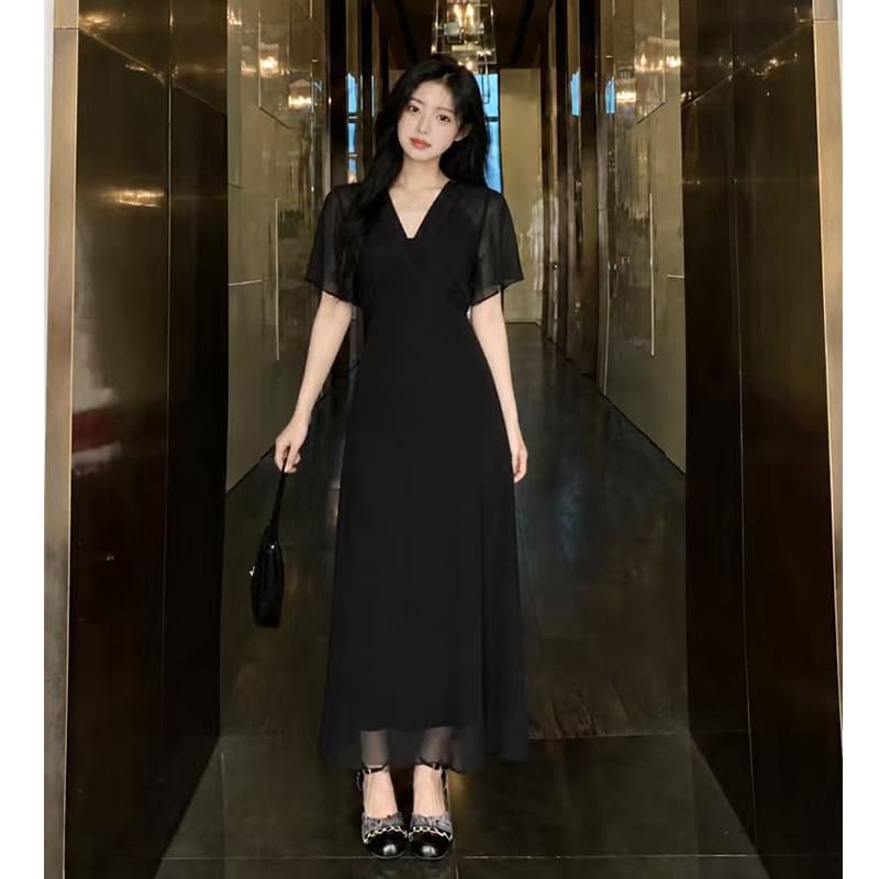 빅 사이즈 여성 의류 슬림해 보이는 V넥 쉬폰 드레스 여름 허리 수축 치마 상세 이미지 2
