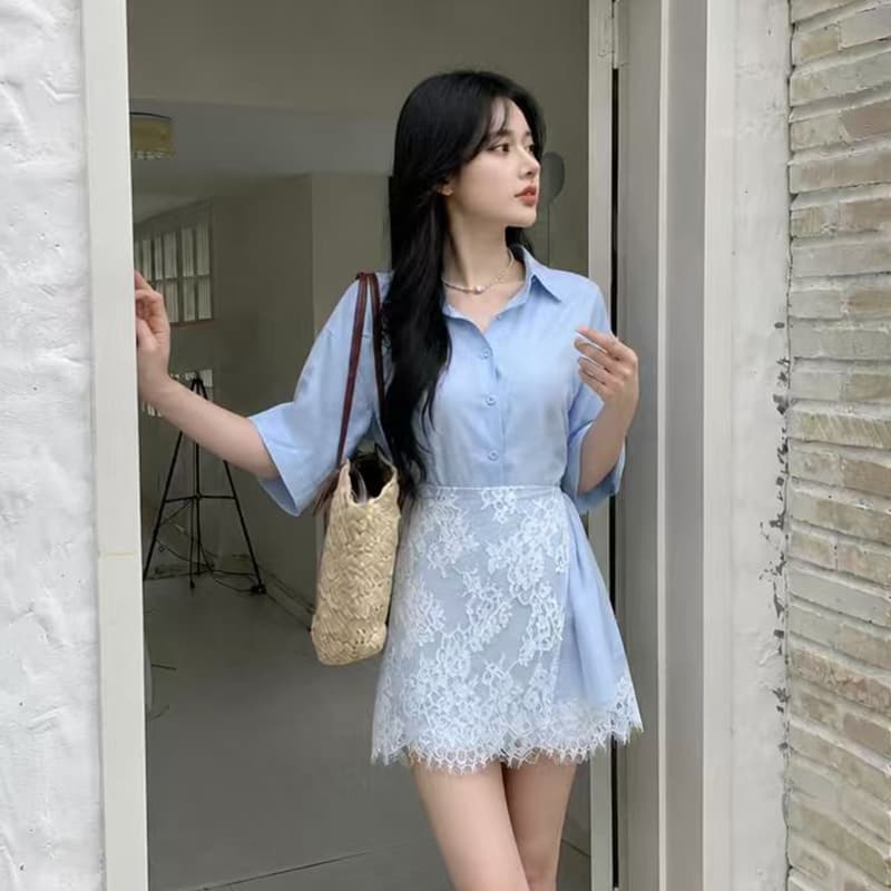빅 사이즈 여성 의류 순수한 욕망 바람 여름 셔츠 레이스 미니 스커트 분위기 센스 세트 상세 이미지 2