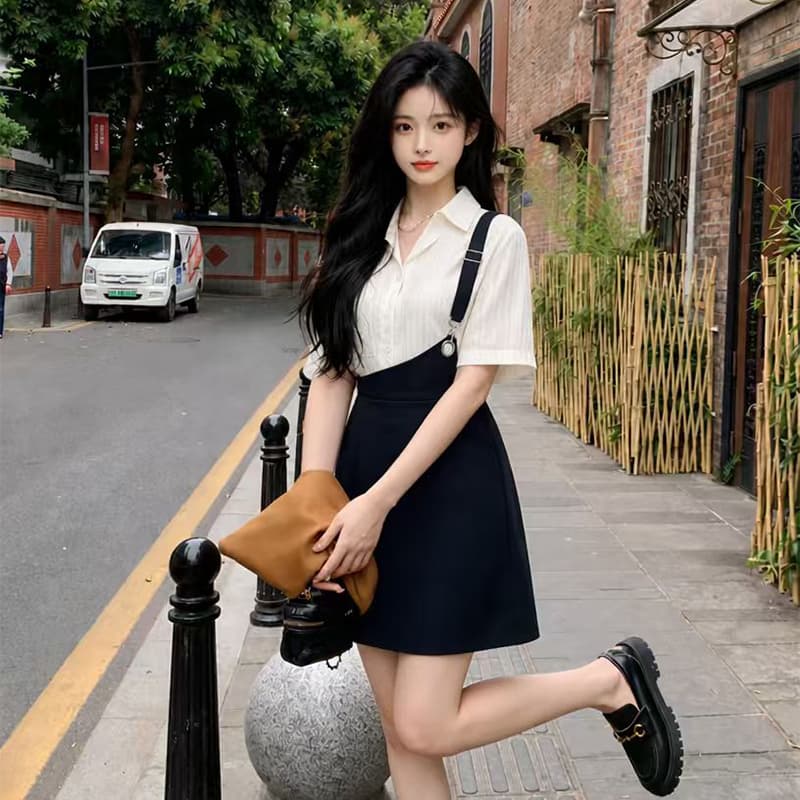 빅 사이즈 여성 의류 여름 출퇴근 품격 셔츠 비대칭 멜빵 치마 세트