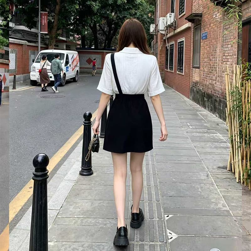 빅 사이즈 여성 의류 여름 출퇴근 품격 셔츠 비대칭 멜빵 치마 세트 이미지 2