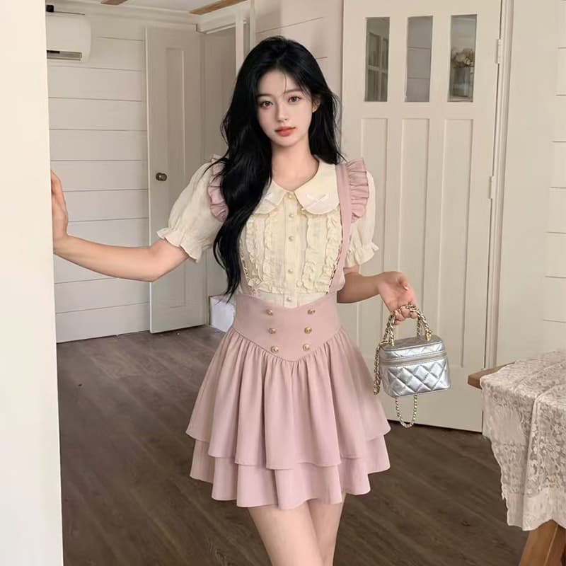 빅 사이즈 여성 의류 달콤함 연령 감소 베이비 칼라 셔츠 날다 소매 멜빵 스커트 소녀 센스 세트