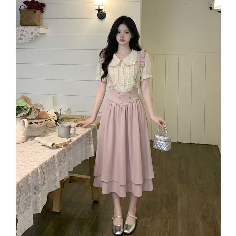 빅 사이즈 여성 의류 달콤함 연령 감소 베이비 칼라 셔츠 날다 소매 멜빵 스커트 소녀 센스 세트 이미지 2