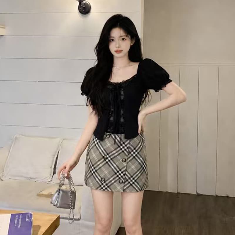 빅 사이즈 여성 의류 여름 한 부서 앞여밈 펌프 Pleat 스트랩 맨위 레트로 체크무늬 미니 스커트 상세 이미지 2
