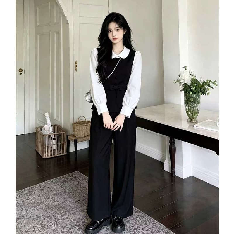 빅 사이즈 여성 의류 가을 학원 스타일 배색 베이비 칼라 맨위 하이웨이스트 슬림해 보이는 와이드 레그 팬츠