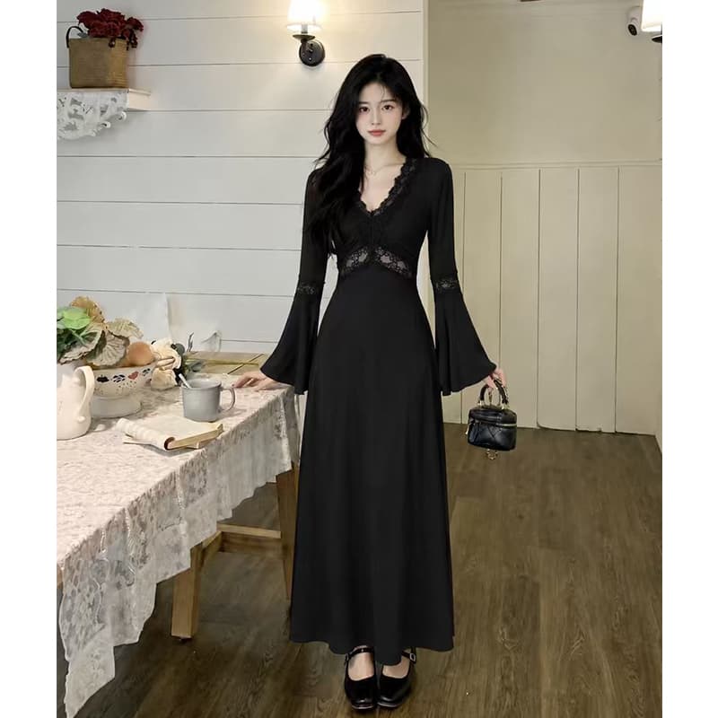 빅 사이즈 여성 의류 가을 우아함 허리 수축 슬림해 보이는 품격 V넥 드레스 상세 이미지 2