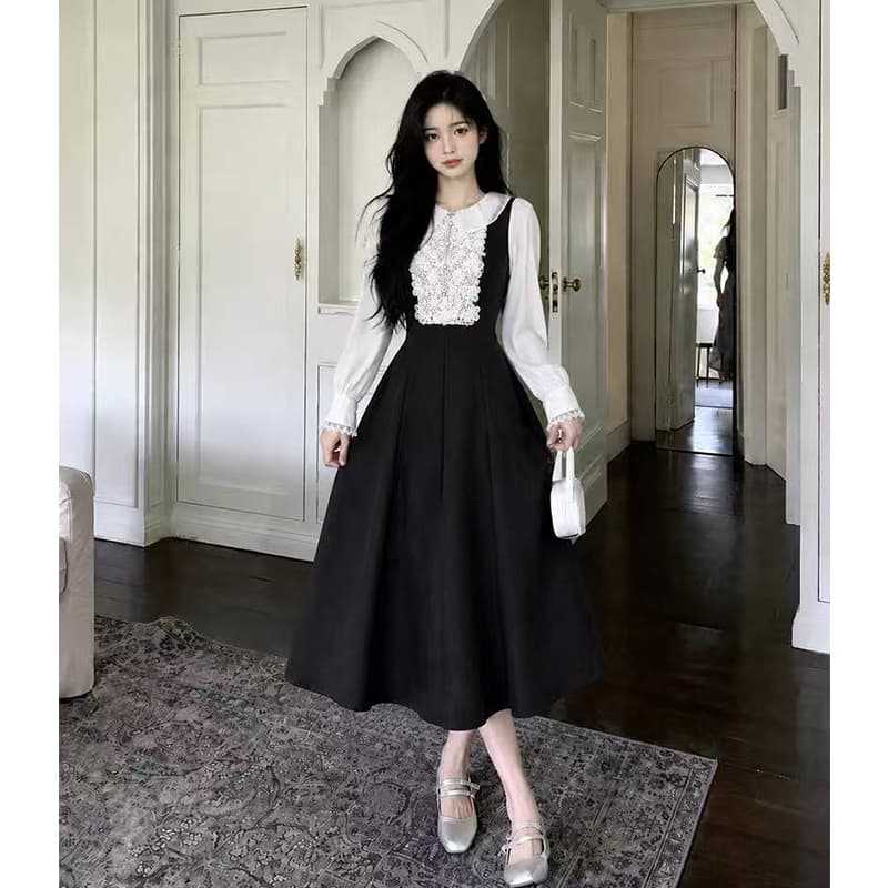 빅 사이즈 여성 의류 프랑스식 천 금빛 바람 베이비 칼라 허리 수축 슬림해 보이는 품격 드레스 상세 이미지 2