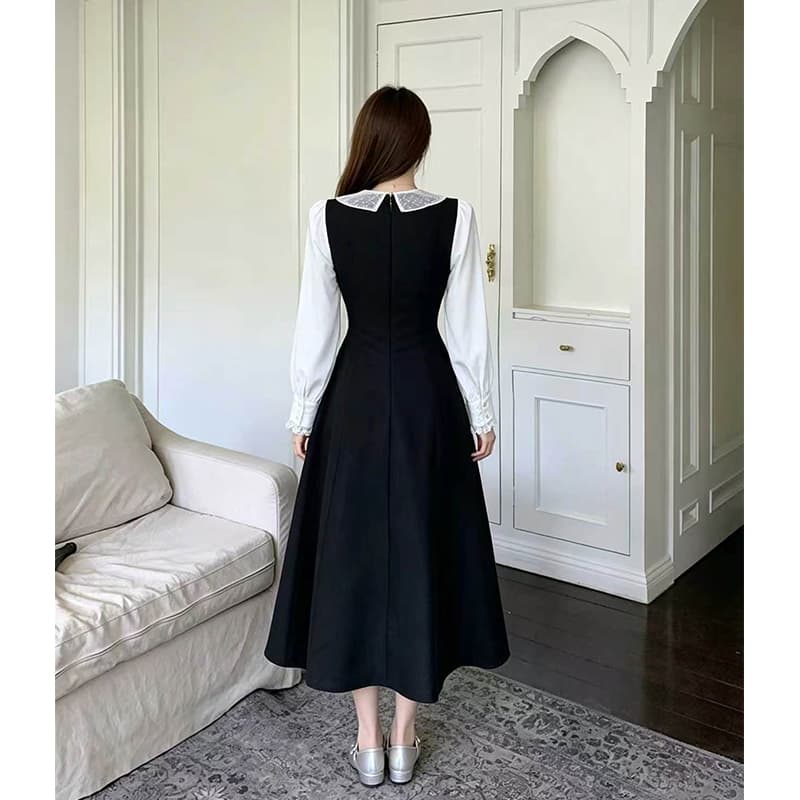 빅 사이즈 여성 의류 프랑스식 천 금빛 바람 베이비 칼라 허리 수축 슬림해 보이는 품격 드레스 상세 이미지 4