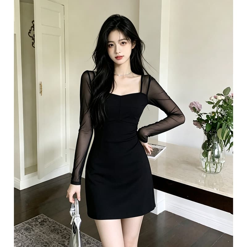 빅 사이즈 여성 의류 가을 고급 센스 허리 수축 슬림해 보이는 품격 작은 검은 드레스 드레스