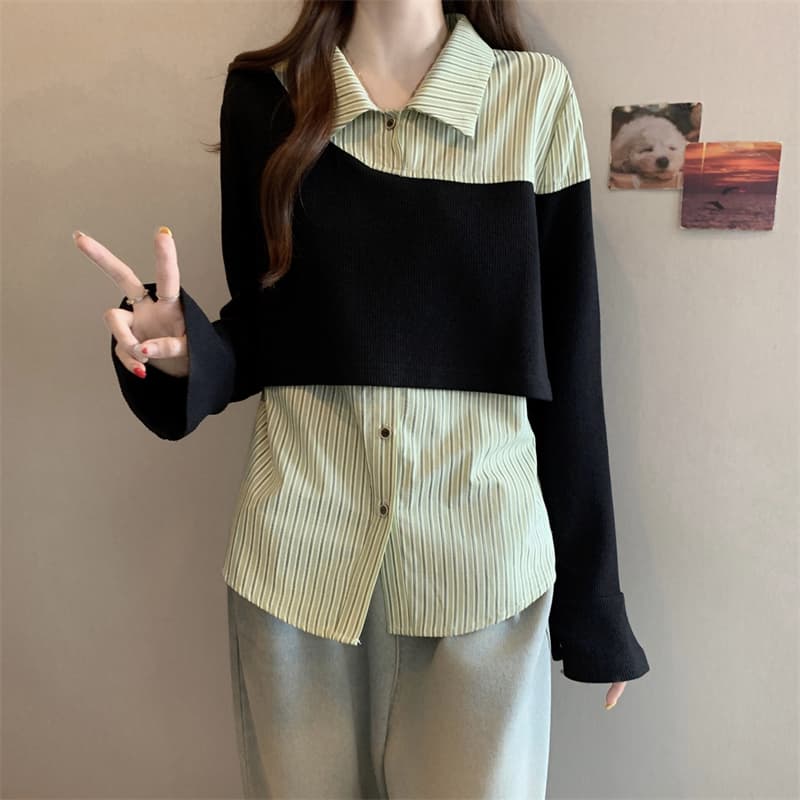 스트라이프 셔츠 여성 봄 가을 2026 년 새로운 외국 가스 Chic 패션 페이크 레이어드 맨위 작은 셔츠 긴팔 셔츠 이미지 2
