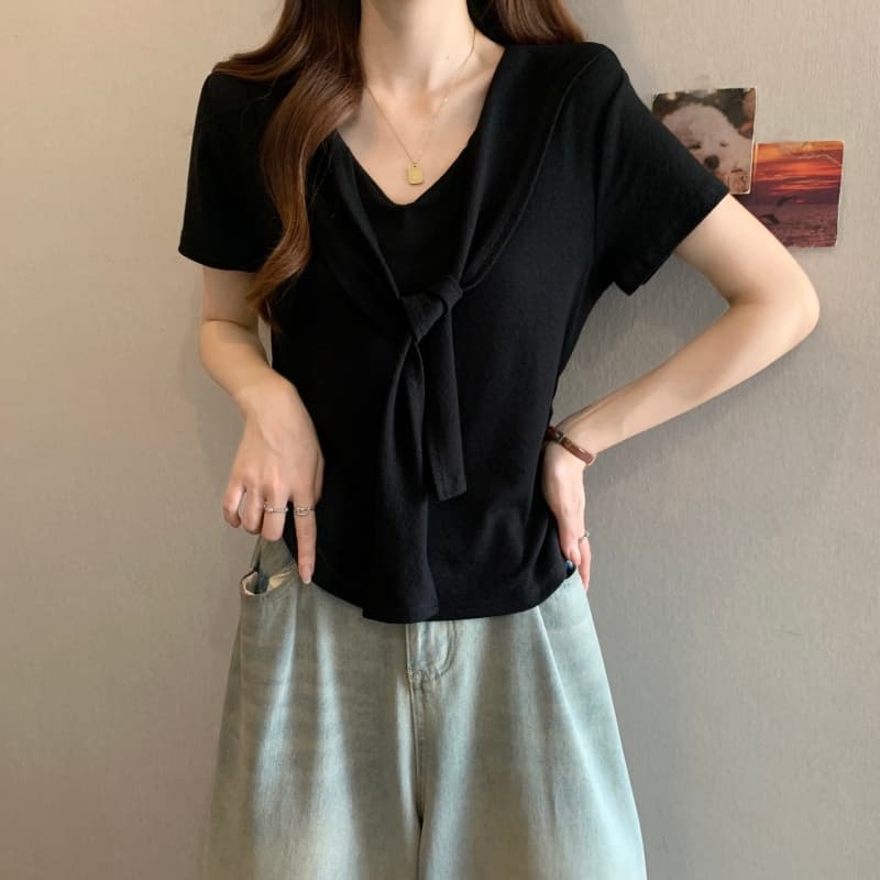 실사 2026 여름 새로운 티셔츠 여성 몸매 가꾸기 슬림해 보이는 통통한 여동생 페이크 레이어드 숄 반팔 풀오버 맨위 이미지 6