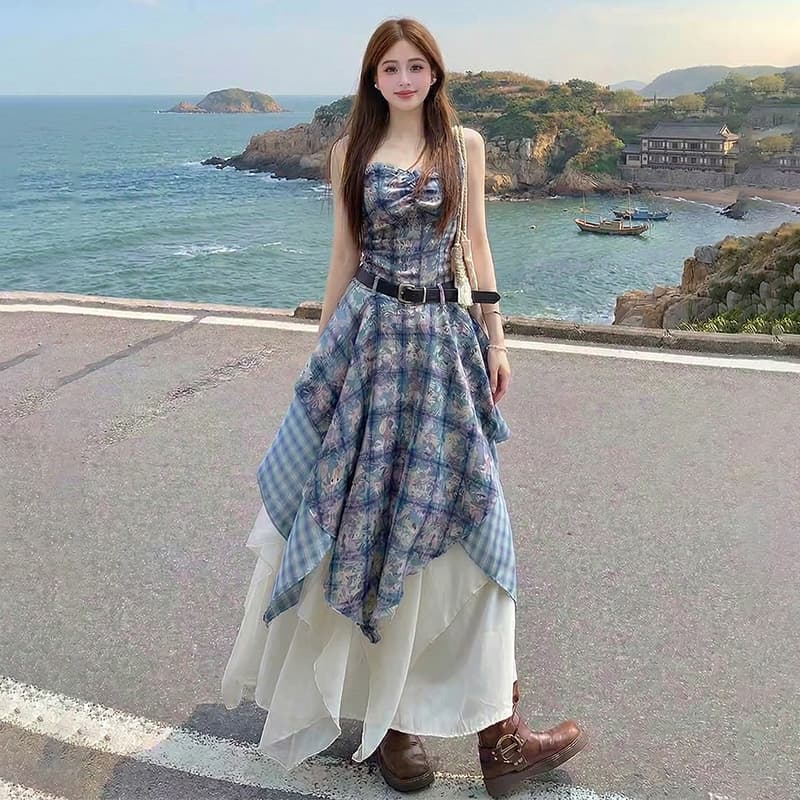 휴가 바람 운남 삼아 프린트 체크무늬 스택 착용 불규칙 프릴 슬립 드레스 치마 이미지 3