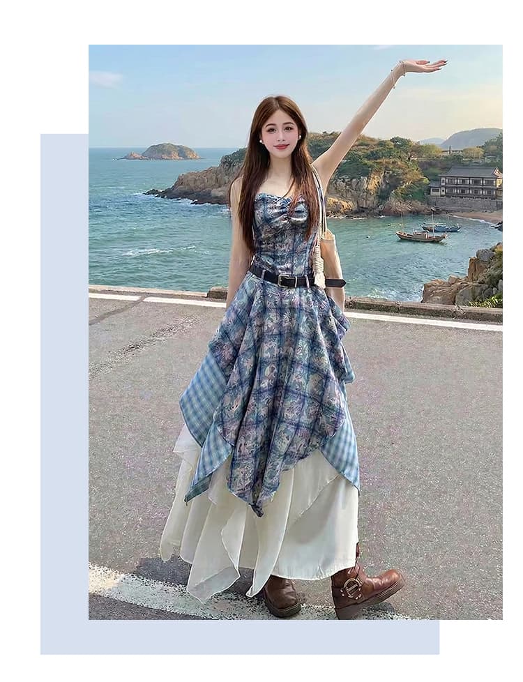 휴가 바람 운남 삼아 프린트 체크무늬 스택 착용 불규칙 프릴 슬립 드레스 치마 상세 이미지 7