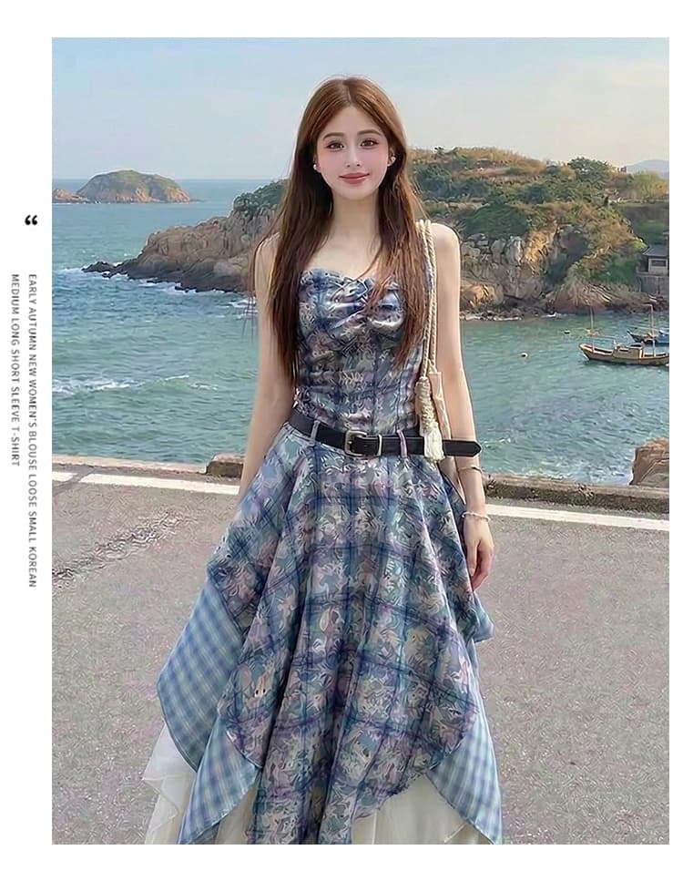 휴가 바람 운남 삼아 프린트 체크무늬 스택 착용 불규칙 프릴 슬립 드레스 치마 상세 이미지 8