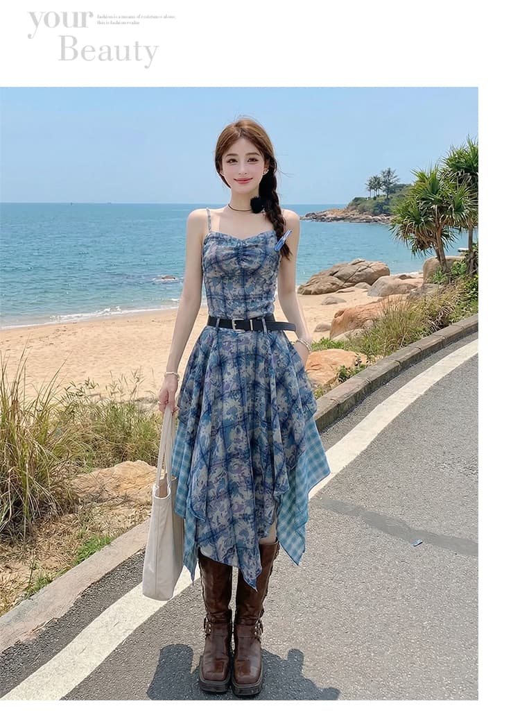 휴가 바람 운남 삼아 프린트 체크무늬 스택 착용 불규칙 프릴 슬립 드레스 치마 상세 이미지 11
