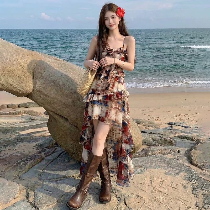 동남아시아 섬 삼아 관광 착용 가져 가라. 레트로 유화 끌기 꼬리 제비꼬리 슬립 드레스