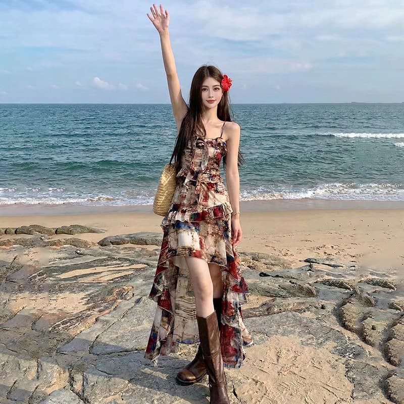동남아시아 섬 삼아 관광 착용 가져 가라. 레트로 유화 끌기 꼬리 제비꼬리 슬립 드레스 이미지 4