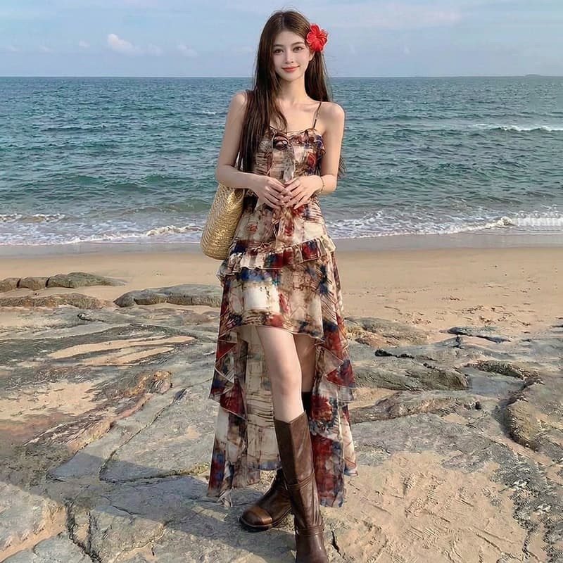 동남아시아 섬 삼아 관광 착용 가져 가라. 레트로 유화 끌기 꼬리 제비꼬리 슬립 드레스 이미지 3