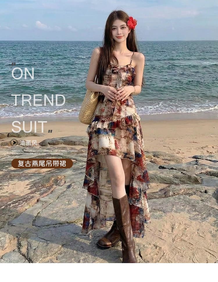 동남아시아 섬 삼아 관광 착용 가져 가라. 레트로 유화 끌기 꼬리 제비꼬리 슬립 드레스 상세 이미지 1