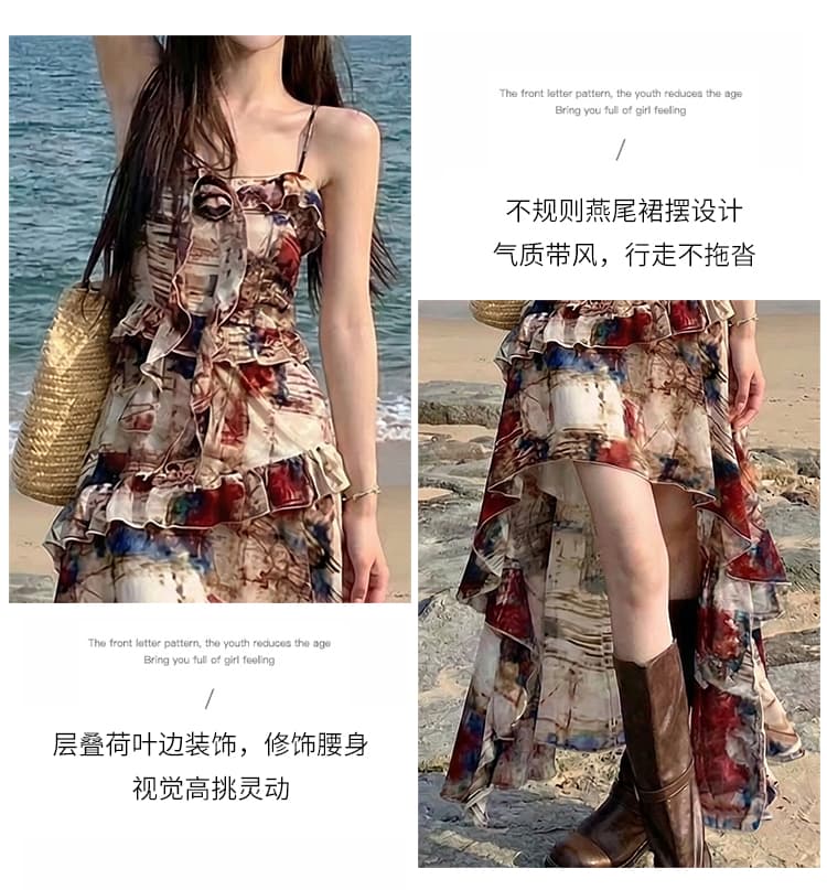 동남아시아 섬 삼아 관광 착용 가져 가라. 레트로 유화 끌기 꼬리 제비꼬리 슬립 드레스 상세 이미지 5