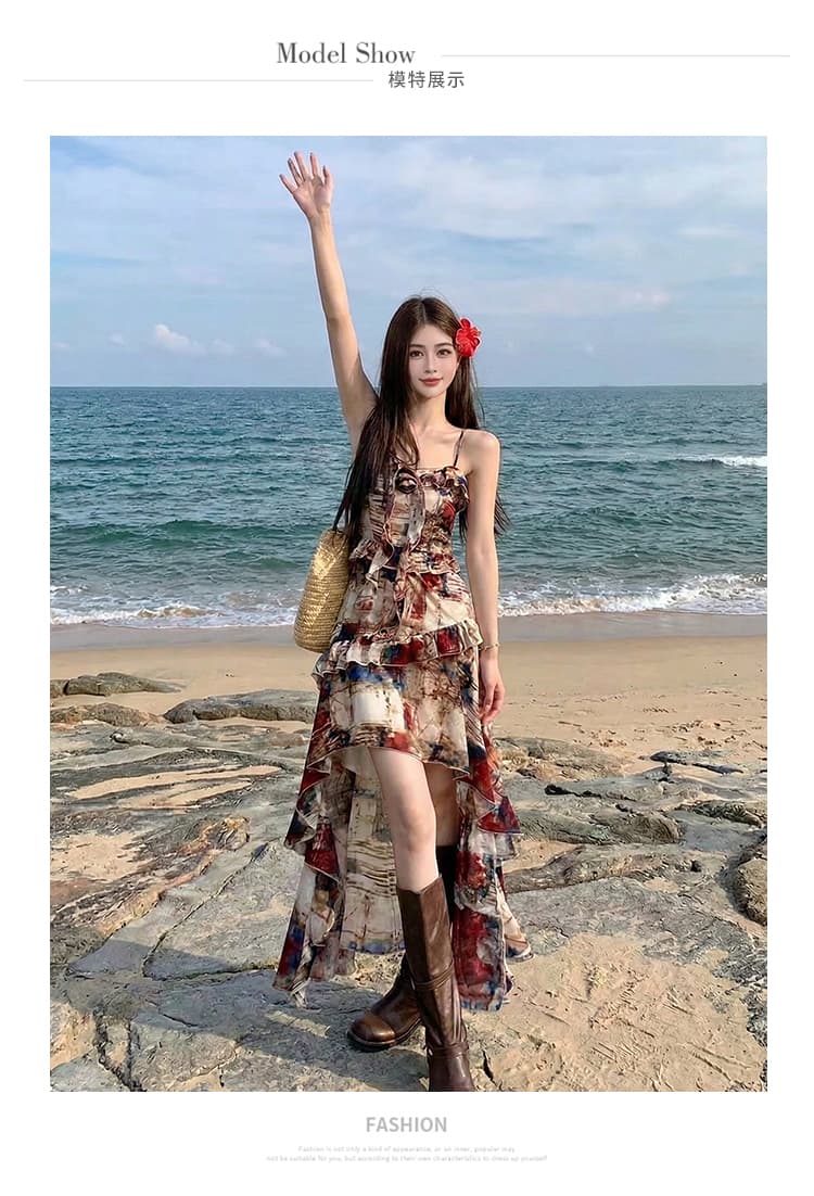 동남아시아 섬 삼아 관광 착용 가져 가라. 레트로 유화 끌기 꼬리 제비꼬리 슬립 드레스 상세 이미지 7