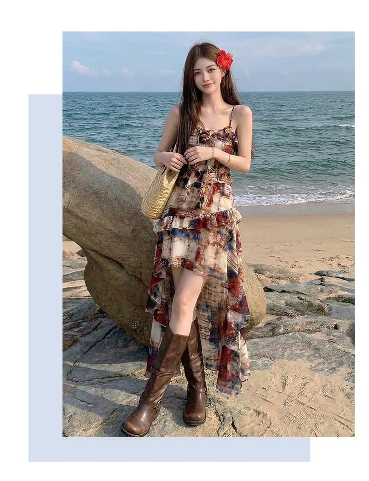 동남아시아 섬 삼아 관광 착용 가져 가라. 레트로 유화 끌기 꼬리 제비꼬리 슬립 드레스 상세 이미지 8