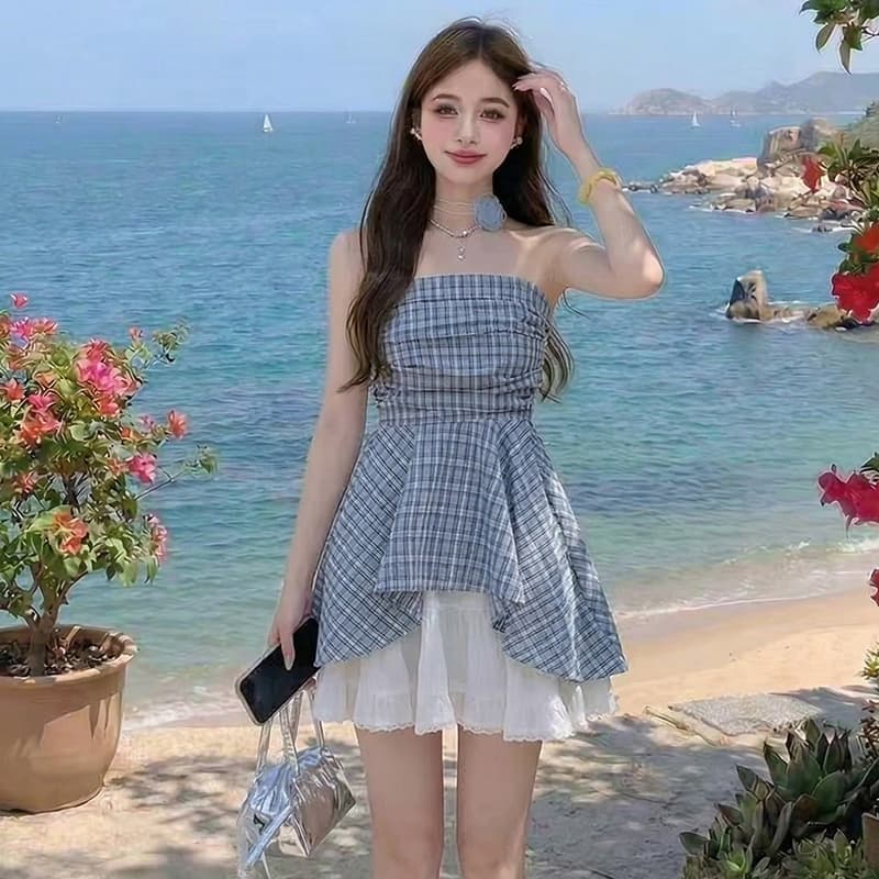 프랑스식 달콤한 매운맛 바람 오프숄더 튜브탑 여성 셔츠 여름 고급 센스 프릴 파란색 체크무늬 민소매 맨위