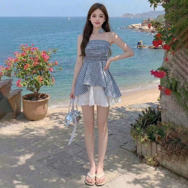 프랑스식 달콤한 매운맛 바람 오프숄더 튜브탑 여성 셔츠 여름 고급 센스 프릴 파란색 체크무늬 민소매 맨위 이미지 2