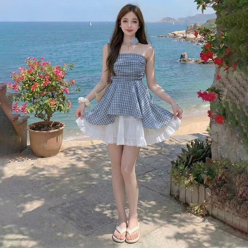 프랑스식 달콤한 매운맛 바람 오프숄더 튜브탑 여성 셔츠 여름 고급 센스 프릴 파란색 체크무늬 민소매 맨위 이미지 3