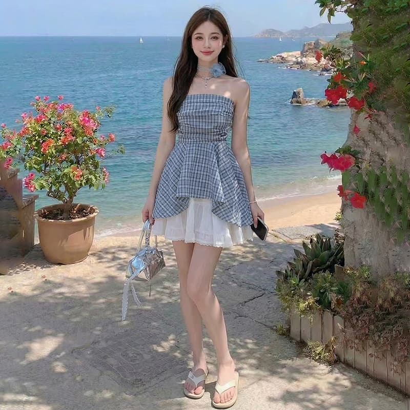 프랑스식 달콤한 매운맛 바람 오프숄더 튜브탑 여성 셔츠 여름 고급 센스 프릴 파란색 체크무늬 민소매 맨위 이미지 4