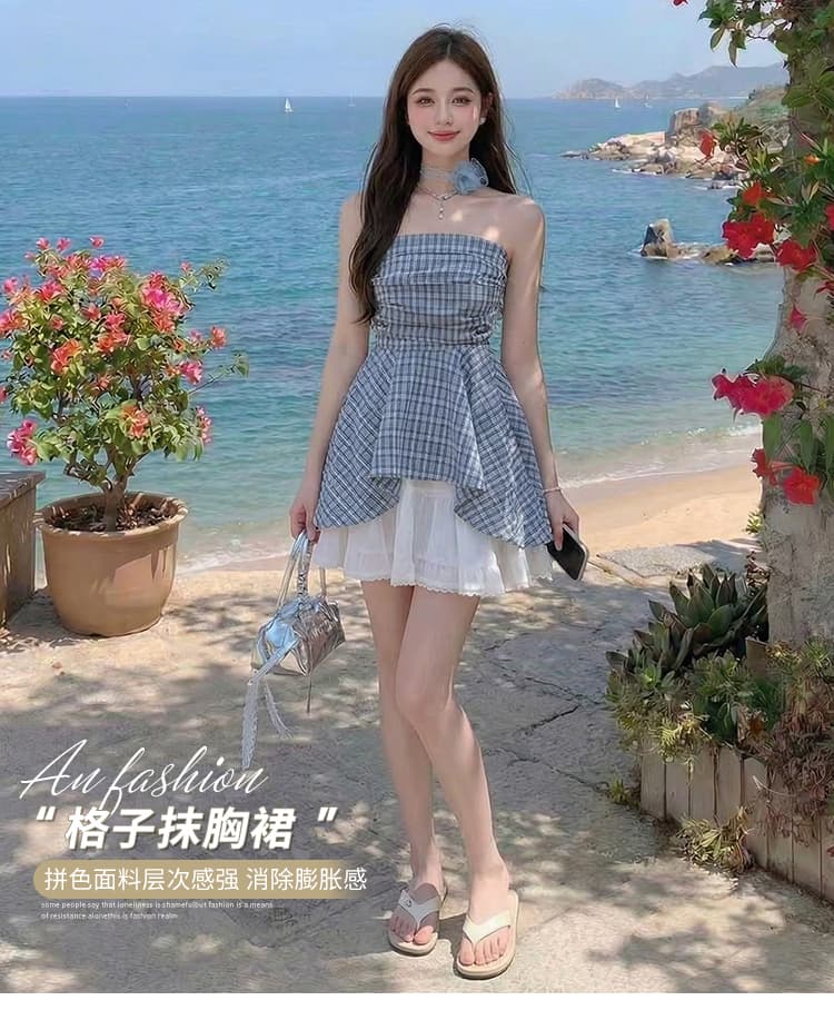 프랑스식 달콤한 매운맛 바람 오프숄더 튜브탑 여성 셔츠 여름 고급 센스 프릴 파란색 체크무늬 민소매 맨위 상세 이미지 1