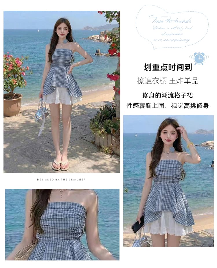 프랑스식 달콤한 매운맛 바람 오프숄더 튜브탑 여성 셔츠 여름 고급 센스 프릴 파란색 체크무늬 민소매 맨위 상세 이미지 2