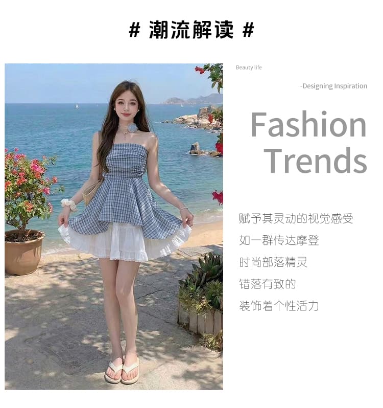 프랑스식 달콤한 매운맛 바람 오프숄더 튜브탑 여성 셔츠 여름 고급 센스 프릴 파란색 체크무늬 민소매 맨위 상세 이미지 3
