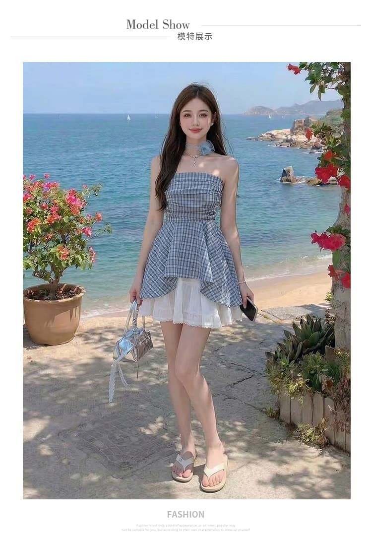 프랑스식 달콤한 매운맛 바람 오프숄더 튜브탑 여성 셔츠 여름 고급 센스 프릴 파란색 체크무늬 민소매 맨위 상세 이미지 5