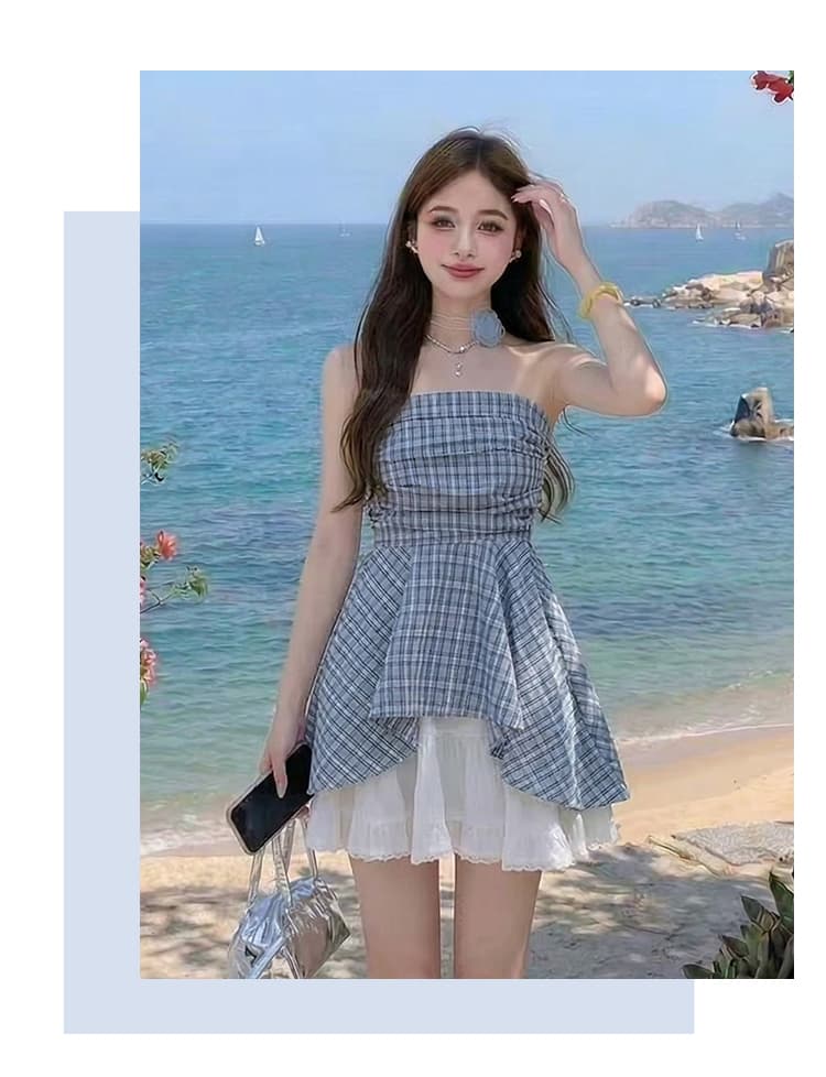 프랑스식 달콤한 매운맛 바람 오프숄더 튜브탑 여성 셔츠 여름 고급 센스 프릴 파란색 체크무늬 민소매 맨위 상세 이미지 6
