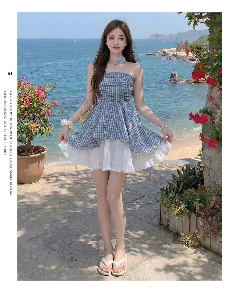 프랑스식 달콤한 매운맛 바람 오프숄더 튜브탑 여성 셔츠 여름 고급 센스 프릴 파란색 체크무늬 민소매 맨위 상세 이미지 7