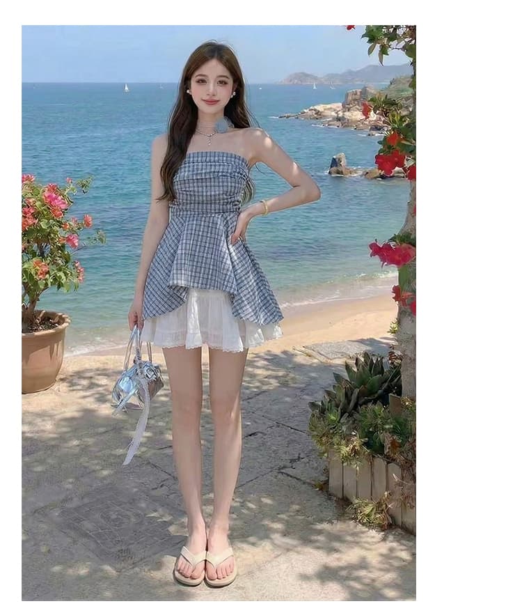 프랑스식 달콤한 매운맛 바람 오프숄더 튜브탑 여성 셔츠 여름 고급 센스 프릴 파란색 체크무늬 민소매 맨위 상세 이미지 8