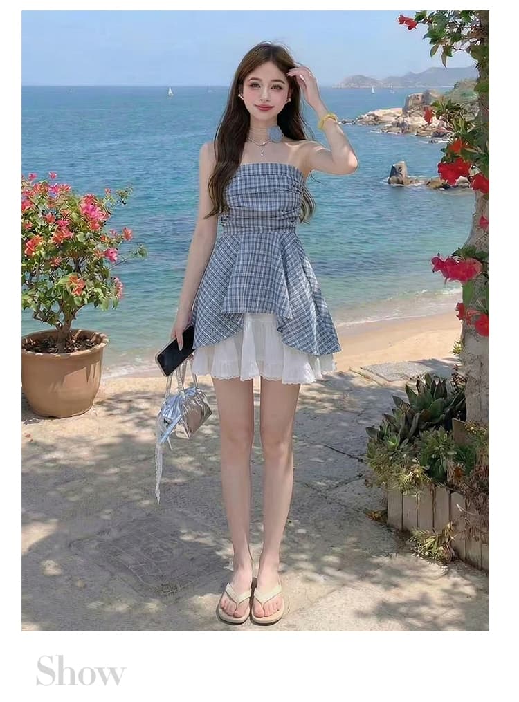 프랑스식 달콤한 매운맛 바람 오프숄더 튜브탑 여성 셔츠 여름 고급 센스 프릴 파란색 체크무늬 민소매 맨위 상세 이미지 9